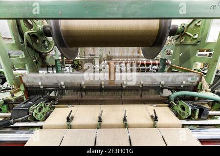 Azienda tessile "Tissage du Ronchay" a Luneray (Francia settentrionale). Tessitura del lino Foto Stock