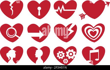 Illustrazione vettoriale di diversi simboli sociali in forma simbolica di cuore rosso. Illustrazione Vettoriale