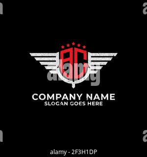 BC logo design shield, nome iniziale BC o CB con grunge vintage stile Illustrazione Vettoriale