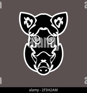 Ritratto astratto disegnato a mano di un cinghiale. Adesivo. Illustrazione stilizzata vettoriale isolata su sfondo scuro. Illustrazione Vettoriale