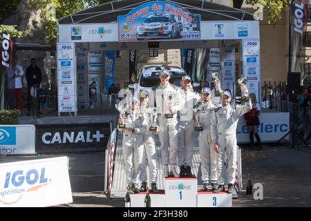 33 FRANCESCHI Mathieu, MANZO Benoit, Ford Fiesta, 34 CARTIER Victor, MURCIA Lou, Ford Fiesta, 42 MASSLIN Romain, CHIAPPE Patrick, Ford Fiesta, podio, Durante il campionato di rally francese 2018, rallye coeur de France, dal 27 al 29 settembre a Vendome, Francia - Foto Gregory Lenenmand / DPPI Foto Stock