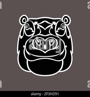 Ritratto astratto disegnato a mano di un ippopotamo. Adesivo. Illustrazione stilizzata vettoriale isolata su sfondo scuro. Illustrazione Vettoriale