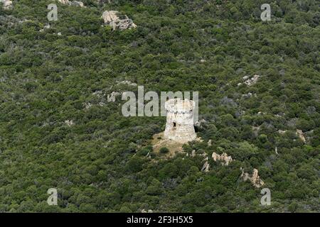 Dipartimento di Corse-du-Sud, Corse Sud, Coti-Chiavari: Veduta aerea della Torre Genovese di Capu di Muru costruita tra il 1580 e il 1617 Foto Stock