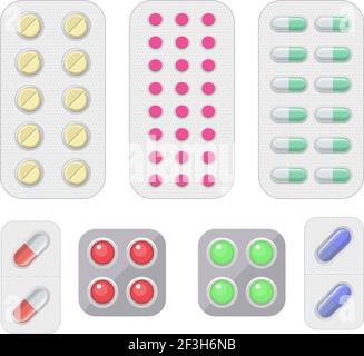 Set di pillole vettoriali e capsule. Illustrazione Vettoriale