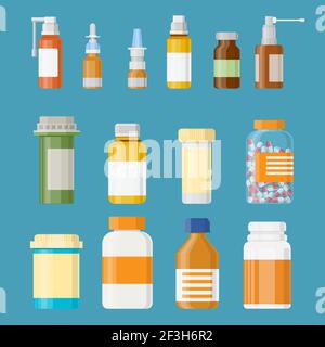 Set di flaconi per medicinali con etichette e pillole. Illustrazione Vettoriale