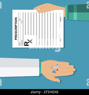 le mani contengono una forma di prescrizione rx e pillole. Illustrazione Vettoriale