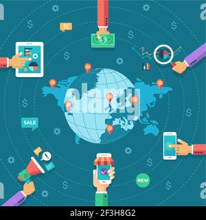 Marketing mobile in stile piatto. Terra, mano umana con un computer portatile, telefono, denaro. Illustrazione vettoriale. Illustrazione Vettoriale