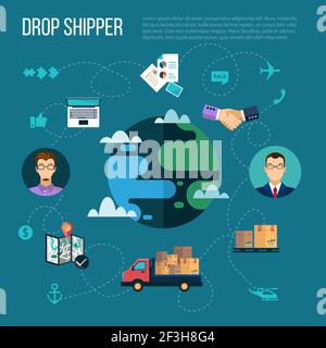 Illustrazione piatta del set del dropshipper. Elementi piatti vettoriali con diversi simboli di erogazione. Concetto di dropshipper e logistica. Illustrazione Vettoriale