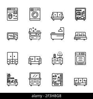 Icone lineari per mobili vettoriali. Raccolta di simboli di contorno. Illustrazione Vettoriale