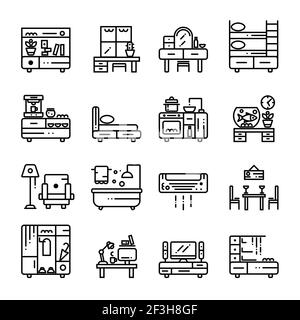 Set di icone per interni di mobili. Illustrazioni isolate di stile lineare. Illustrazione Vettoriale