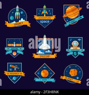 Badge colorati vettoriali per astronauti e spazi. Etichette, emblemi, di volo spaziale. Illustrazione Vettoriale
