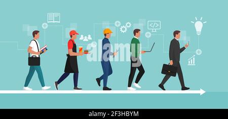 Uomo che cambia il suo lavoro e upskilling: Sviluppo di carriera e acquisizione di competenze su una timeline Illustrazione Vettoriale