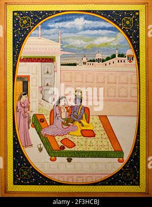 Repubblica d'Irlanda, Dublino, Chester Beatty Museum presso il giardino del castello, Krishna e Radha, 1810, Garwhal, India Foto Stock