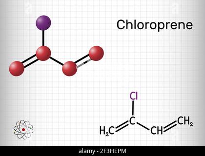 Molecola di cloroprene. Si tratta di cloroolefina, utilizzata come monomero per il policloroprene polimerico, un tipo di gomma sintetica, neoprene. Formu. Chimico strutturale Illustrazione Vettoriale