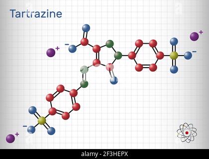 Molecola di tartrazina. È sale trisodico di acido tartrazina, colorante azo giallo, colorante alimentare, integratore colorante alimentare, E102. Modello di molecola. Foglio di carta Illustrazione Vettoriale