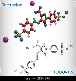 Molecola di tartrazina. È sale trisodico di acido tartrazina, colorante azo giallo, colorante alimentare, integratore colorante alimentare, E102. Formula chimica strutturale, Illustrazione Vettoriale