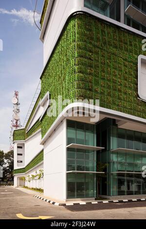 Digi Technology Operation Center, Subang High Tech Park, Kuala Lumpur in Malesia. Le caratteristiche ecologiche dell'edificio includono una parete esterna piantata Foto Stock