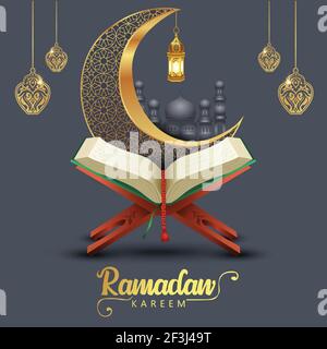 ramadan kareem saluti con Quran e stand in legno, modello mezza luna. Disegno vettoriale illustrazione Illustrazione Vettoriale