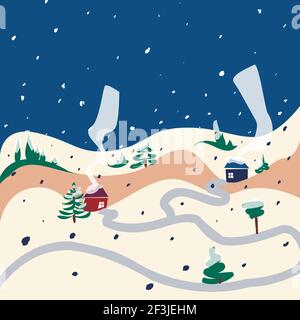 Inverno neve colline casa strada natura paesaggio illustrazione vettore. Piatto, semplice, cartone animato. Illustrazione Vettoriale