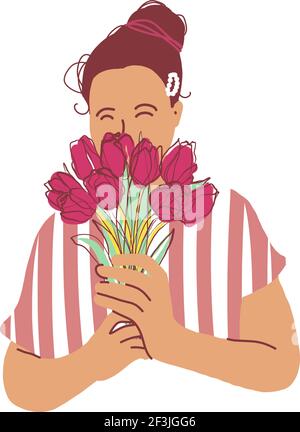 Donna con tulipani bouquet piatto vettore illustrazione. Immagine di vernice femminile di carattere isolata su bianco. La ragazza tiene nelle mani fiori primaverili Illustrazione Vettoriale