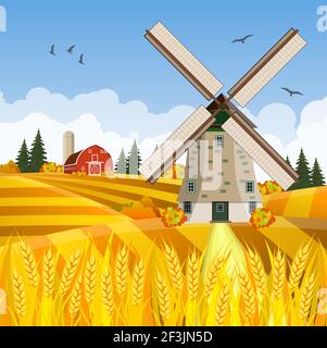 Cartone animato bella scena fattoria autunno Illustrazione Vettoriale