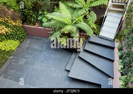 Patio giardino al piano seminterrato presso la Morgan House a Notting Hill, Londra, Regno Unito, progettato da Modular Gardens in collaborazione con Crawford & Grey Archit Foto Stock