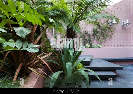 Patio giardino al piano seminterrato presso la Morgan House a Notting Hill, Londra, Regno Unito, progettato da Modular Gardens in collaborazione con Crawford & Gray archi Foto Stock