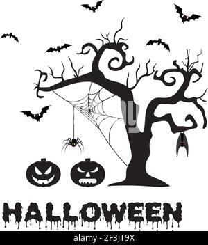 Silhouette spooky di Halloween albero, zucca Illustrazione Vettoriale