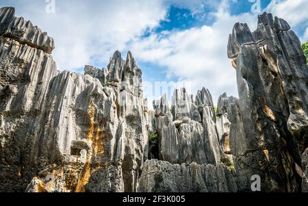 Vista dal basso grandangolare delle formazioni rocciose calcaree di Shilin Shilin pietra parco forestale in Yunnan Cina Foto Stock