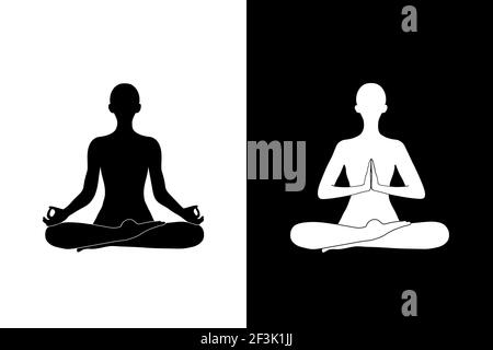 Silhouette di esseri umani seduti in posizione di loto e meditating - mani in namaste. Illustrazione Vettoriale