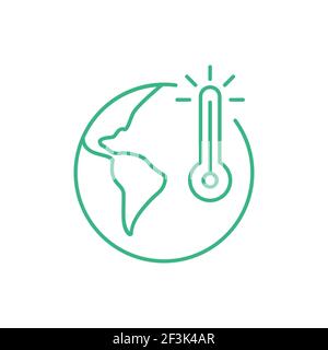 Icona del cambiamento climatico. Segnale di riscaldamento globale. Contorno del globo semplificato con termometro. Effetto serra sul pianeta. Misurazione della temperatura di terra. Illustrazione Vettoriale