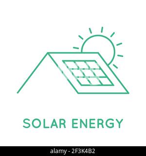 Icona energia solare. Tetto con pannello solare. Generatore di energia solare. Risorse rinnovabili e sostenibili. Casa verde con celle fotovoltaiche. Vettore, clip art Illustrazione Vettoriale