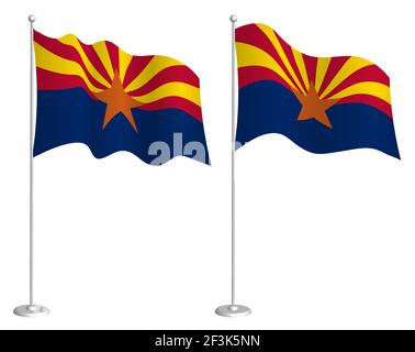 Bandiera dello stato americano dell'Arizona su flagpole che ondono nel vento. Elemento di design per le vacanze. Punto di verifica per i simboli della mappa. Vettore isolato su sfondo bianco Illustrazione Vettoriale
