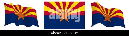 Bandiera dello stato americano dell'Arizona in posizione statica e in movimento, che si muove con vento in colori e dimensioni esatti, su sfondo bianco Illustrazione Vettoriale