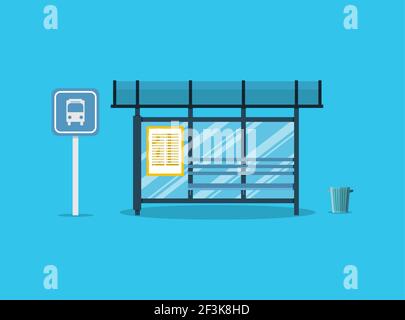 Fermata dell'autobus vuota con panca e cestino Illustrazione Vettoriale