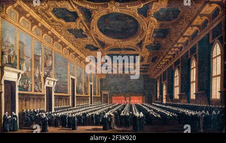 Il Doge e il Gran Consiglio si riuniscono nella Sala del Maggior Consiglio del Palazzo Ducale, Venezia, dipinto di Canaletto, 1760-1765 Foto Stock
