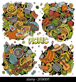 Picnic cartone animato vettore doodle disegni set. Composizioni colorate e dettagliate con molti oggetti e simboli alimentari e naturali. Tutti gli elementi sono separati Illustrazione Vettoriale