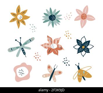 Collezione di fiori e rami. Floreale. Fiori, peonie, anemoni, margherite e fiori di mais isolati su sfondo bianco. Illustrazione vettoriale. Scandina Illustrazione Vettoriale