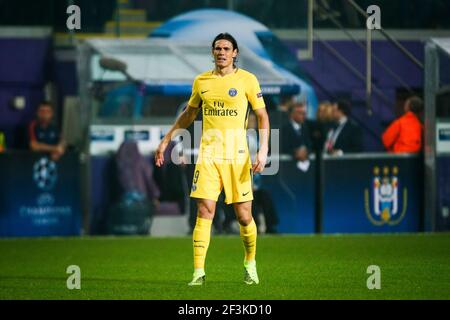 Edinson Cavani di Parigi Saint Germain reagisce durante la UEFA Champions League, partita di calcio del gruppo B tra RSC Anderlecht e Paris Saint-Germain il 18 ottobre 2017 al Constant Vanden Stock Stadium di Bruxelles, Belgio - Foto Geoffroy Van Der Hasselt / DPPI Foto Stock