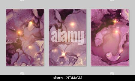 Set di motivi in marmo. Texture geode viola e oro con glitter. Background vettoriale astratto nella tecnica dell'inchiostro alcolico. Vernice moderna con scintille. B Illustrazione Vettoriale