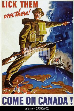 Poster della propaganda di reclutamento della Royal Canadian Airforce vintage. Vieni sul Canada! Periodo della seconda guerra mondiale. 1939-1945 Foto Stock