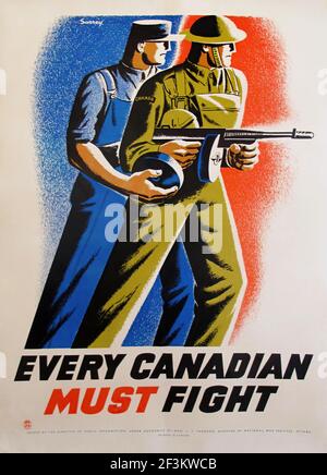 Poster della propaganda di reclutamento della Royal Canadian Airforce vintage. Ogni canadese deve combattere! Periodo della seconda guerra mondiale. 1939-1945 Foto Stock