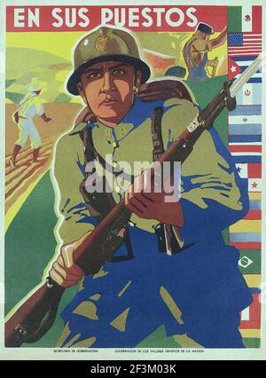 Poster di propaganda di reclutamento messicano d'epoca. Nei loro posti. Messico, 1940 Foto Stock