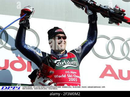 SCI ALPINO - FIS CAMPIONATO DEL MONDO ALPINO 2005 - BORMIO (ITA) - 05/02/2005 - FOTO : GERARD BERTHOUD / DPPI UOMINI DISCESA - BODE MILLER (USA) / MEDAGLIA D'ORO Foto Stock