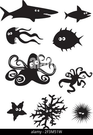 Set di vettore di divertenti cartoni animati animali del mare Illustrazione Vettoriale