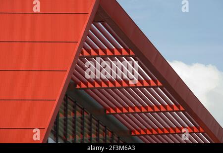 Dettaglio del tetto del Point, Lancashire County Cricket Club, Inghilterra, Regno Unito Foto Stock