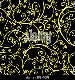 Motivo vettoriale senza giunture con linee dorate curve su sfondo nero. Semplice disegno di tessitura della carta da parati. Moda di lusso. Illustrazione Vettoriale