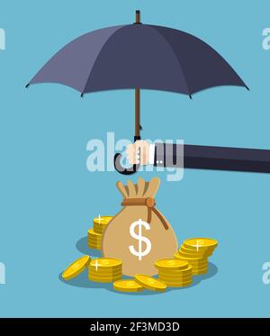 Tenere l'ombrello sotto la pioggia per proteggere il denaro. Illustrazione Vettoriale