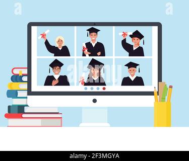 Laurea online durante il coronavirus Covid-19 pandemia. Un gruppo di giovani studenti laureati comunica tramite videoconferenza. Illustrazione Vettoriale