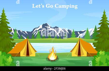 poster che mostra il campeggio con un falò Illustrazione Vettoriale